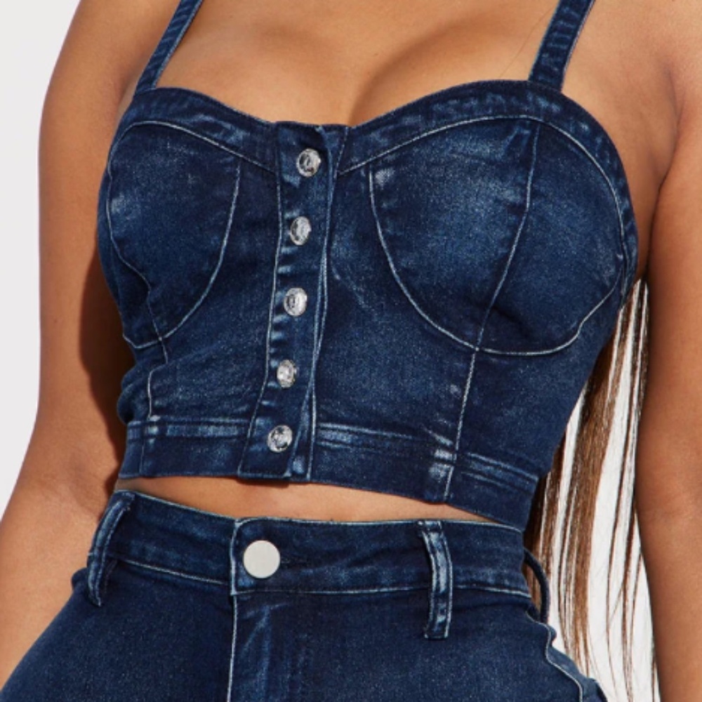 Fashion Nova Denim RhInestone Button Bustier(Top Only)
